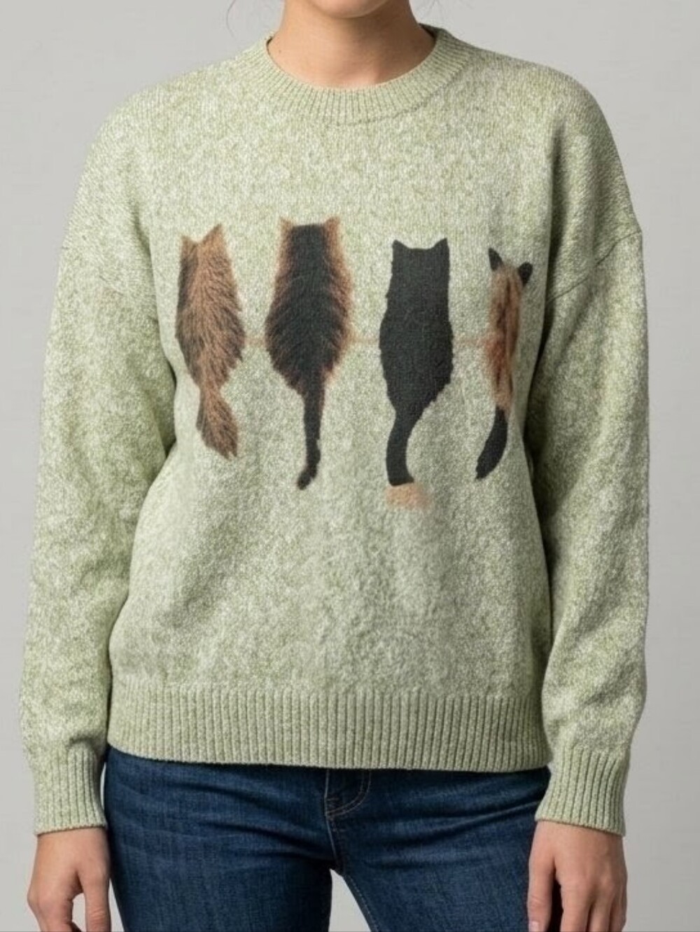 Heather Sage Green Cat Graphic Knit Crewneck Sweater - Size XL - NWT